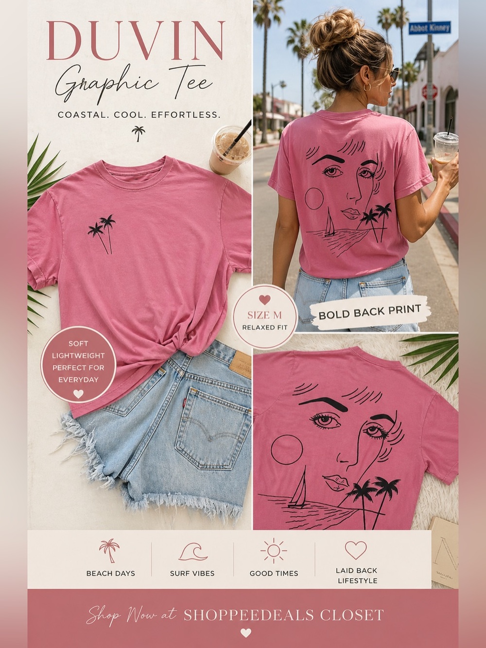 Duvin Design Co Pink Graphic Tee Beach Art Back Print Shirt